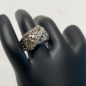 Ornate Silver Tone Ring Clear Stones Adjustable Stretch